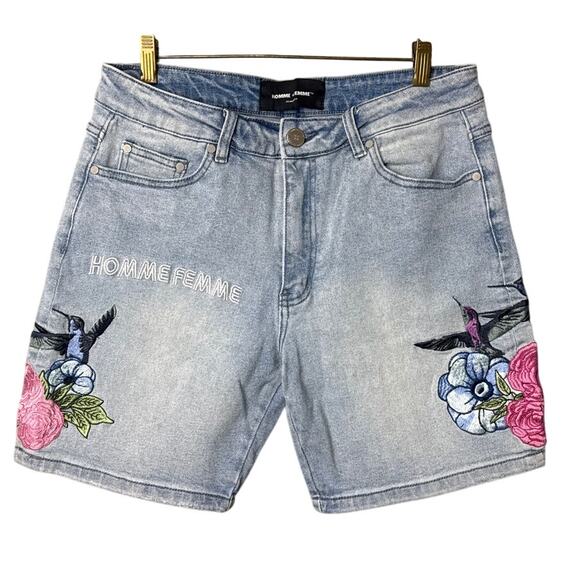 Homme + Femme Denim Shorts Embroidered Flowers Hummingbirds Size 32 Streetwear - Picture 1 of 8